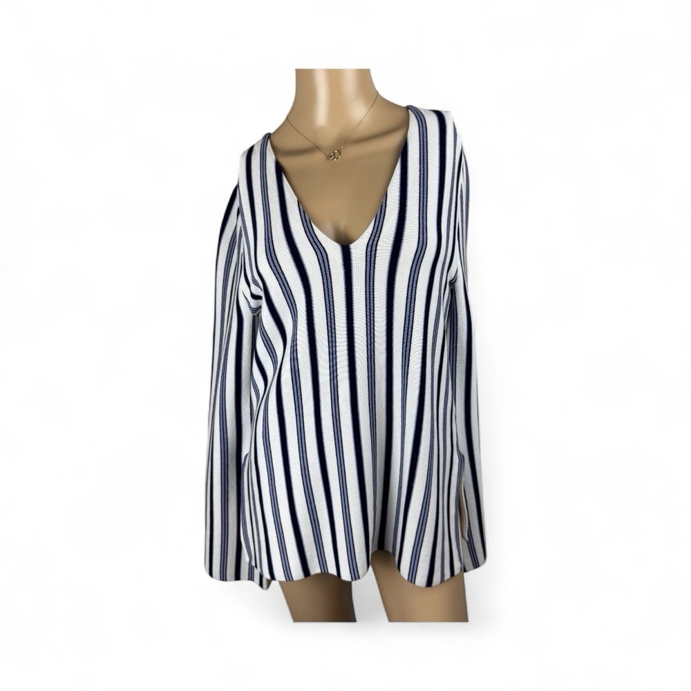 Ann Taylor Navy White Stripe Sz  XS‎ V-neck Bell Sleeve Knit Plullover Sweater